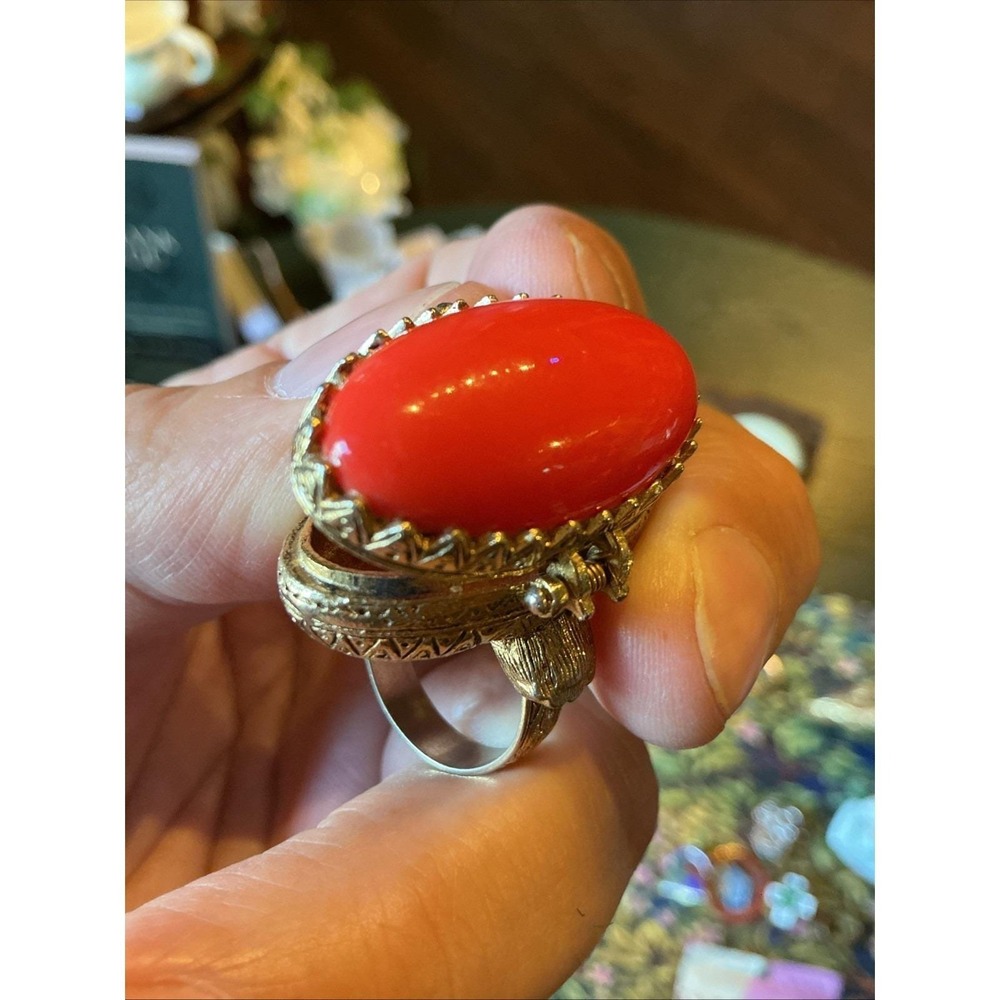 Vintage Ring Orange/Coral Cabochon Gold Tone - Hidden Storage!